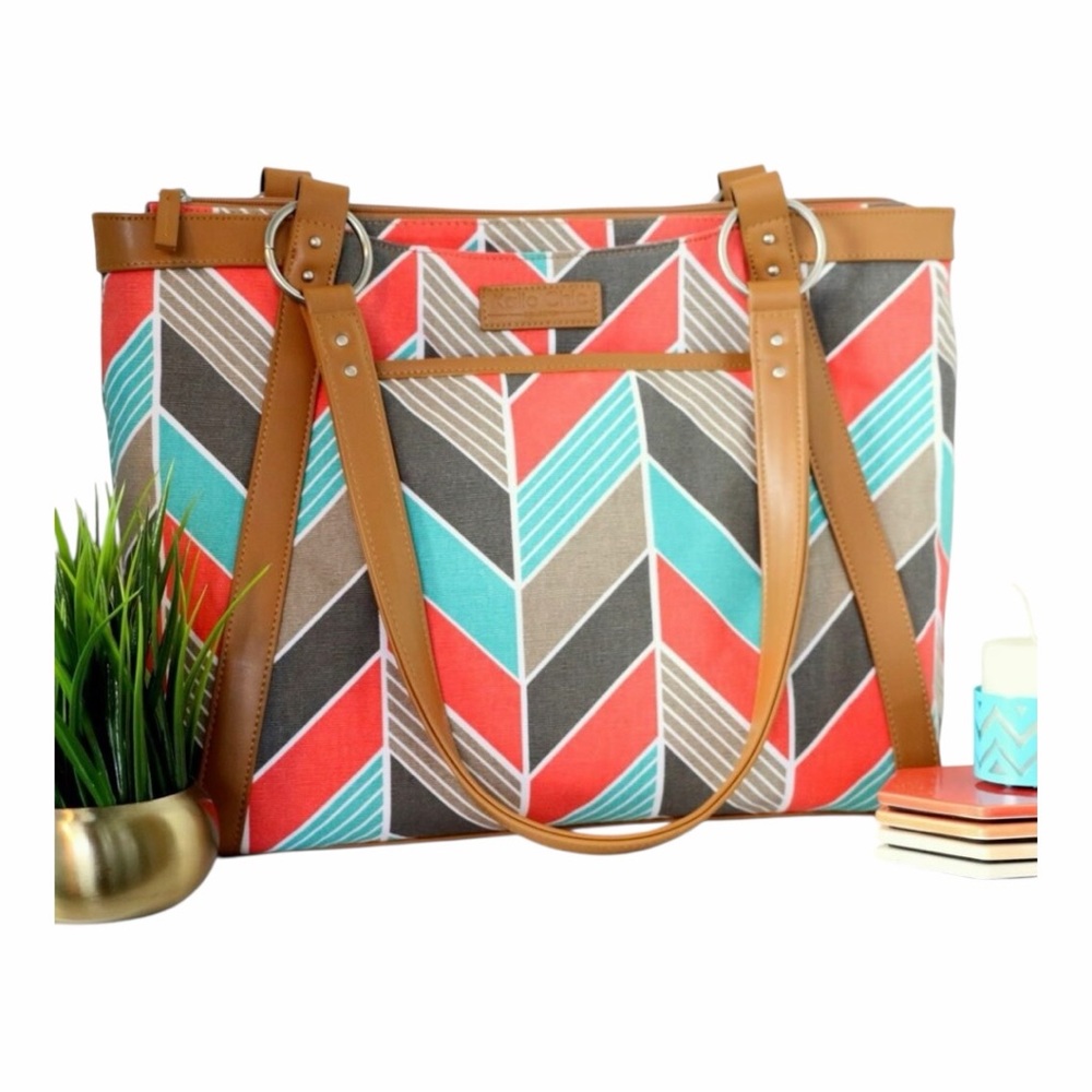 Chevron Laptop Tote with Tan Straps
